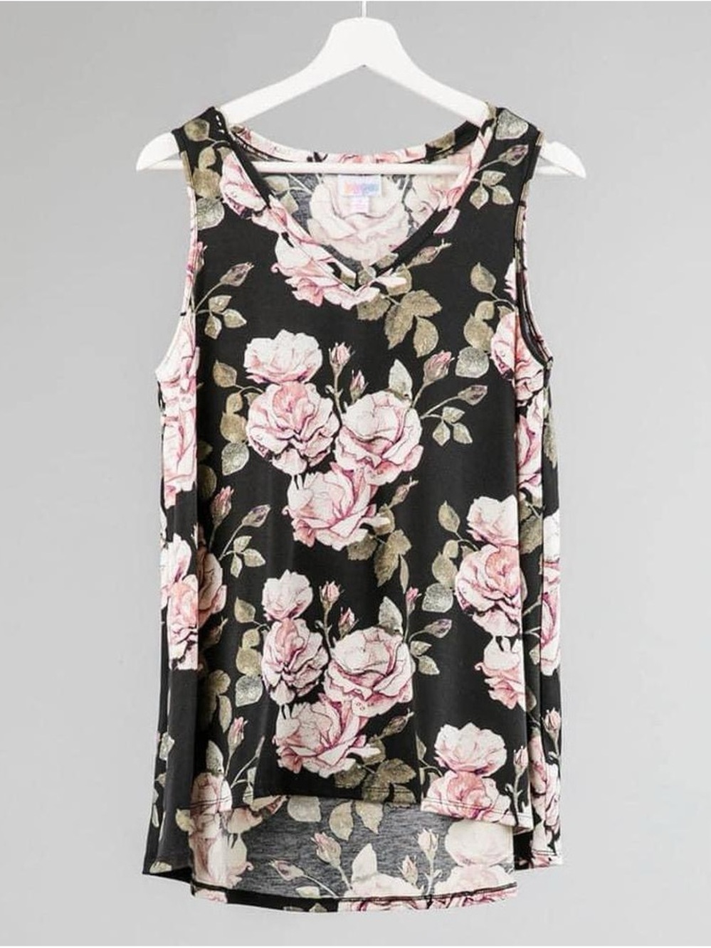 LuLaRoe Kristina Black Tank Top with Pink Rose Print